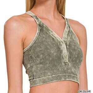 NWT WASHED RIBBED CROPPED BUTTON V-NECK TANK TOP - Dark Olive Green - S/M
